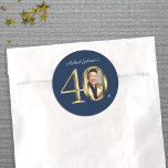 Navy Blue Gold Custom 40th Birthday Party Classic Round Sticker<br><div class="desc">Navy Blue Gold Custom 40th Birthday Party Classic Round Sticker. Immerse yourself in the timeless allure of our Navy Blue and Gold Birthday Party Theme, where classic sophistication meets modern elegance. With its sleek navy blue backdrop adorned with opulent gold accents and a solid gold text design, this theme sets...</div>