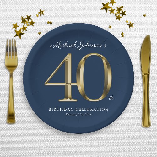 Navy Blue Gold Custom 40th Birthday Party Paper Plates