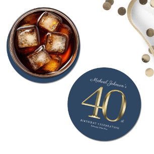 Navy Blue Gold Custom 40th Birthday Party Round Paper Coaster