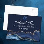 Navy Blue Gold Custom Bat Mitzvah Mazel Tov Postcard<br><div class="desc">Elegant navy blue and gold agate decorates the side of this modern Bat Mitzvah party congratulations postcard. Mazel Tov! Customize it under the Star of David. Perfect postcard for a chic,  stylish Jewish family celebrating a girl being called to the Torah.</div>