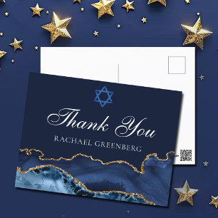 Navy Blue Gold Custom Bat Mitzvah Thank You Postcard