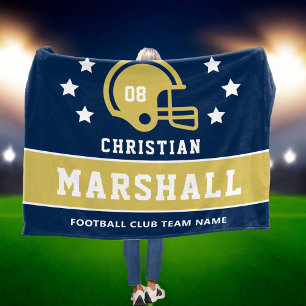 Navy Blue Gold Custom Football Name Fleece Blanket