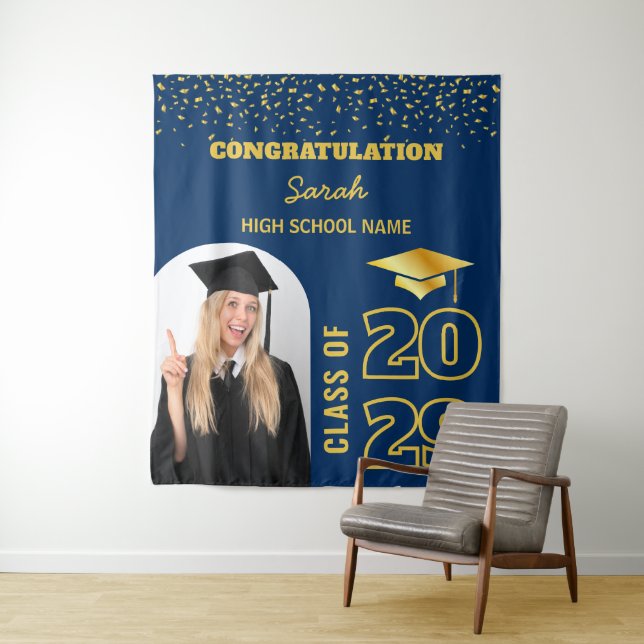 Navy Blue Gold Custom Graduation Backdrop & Photo (In Situ)