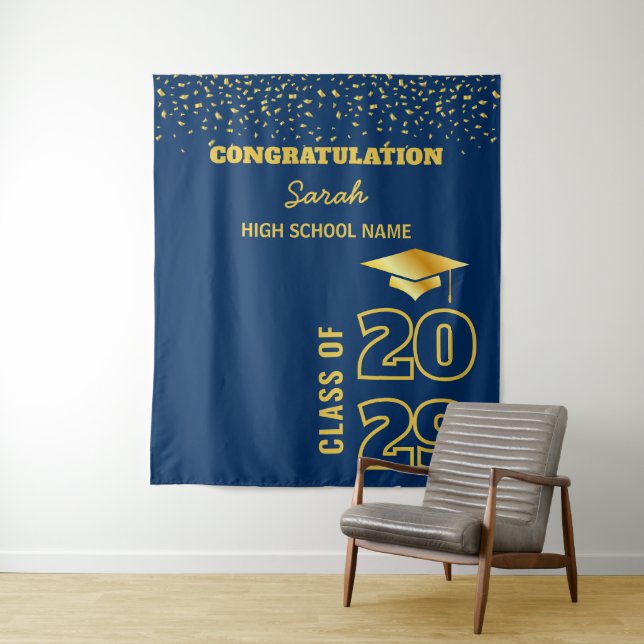 Navy Blue & Gold Custom Graduation Party Backdrop (In Situ)