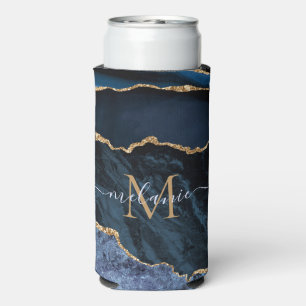 Navy Blue Gold Custom Letter Name Can Cooler