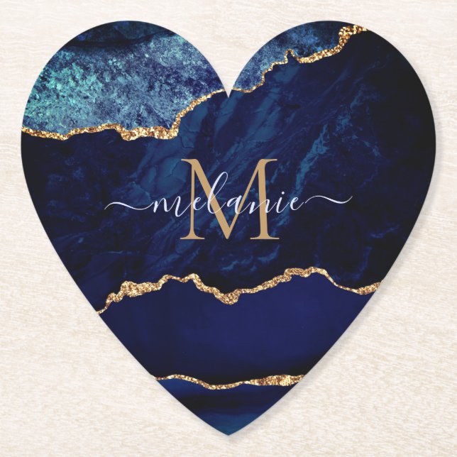 Navy Blue Gold Custom Letter Name Paper Coaster (Front)