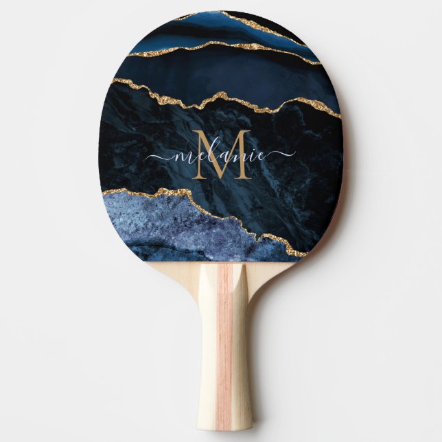Navy Blue Gold Custom Letter Name Ping Pong Paddle (Front)