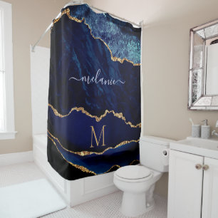 Navy Blue Gold Custom Letter Name Shower Curtain