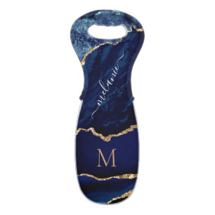 Navy Blue Gold Custom Letter Name Wine Bottle Bag