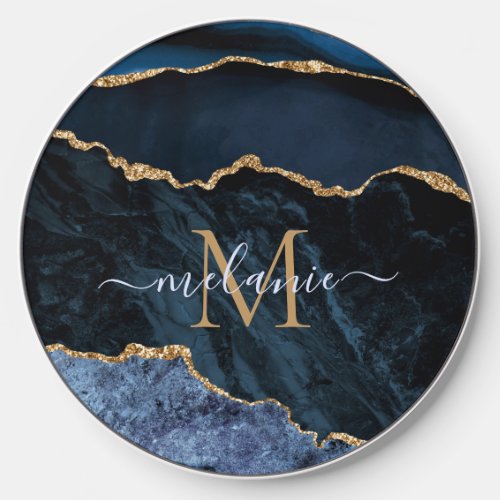 Navy Blue Gold Custom Letter Name Wireless Charger