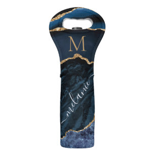 Navy Blue Gold Custom Letter Your Name Wine Bag