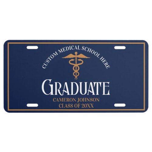 Navy Blue Gold Custom Medical School Graduate License Plate