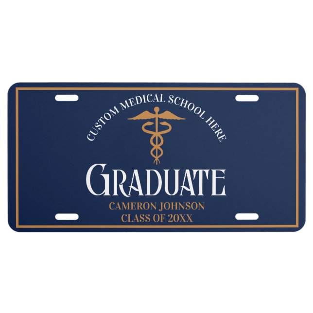 Navy Blue Gold Custom Medical School Graduate License Plate (Front)