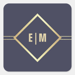 Navy Blue Gold Custom Monogram Wedding Square Sticker