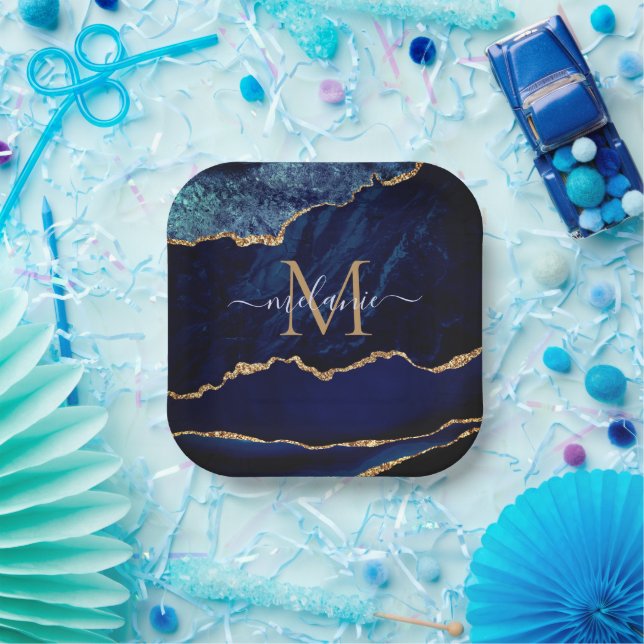 Navy Blue Gold Custom Name Letter Paper Plates (Party)