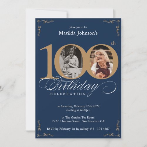 Navy Blue Gold Custom Photo 100th Birthday Party  Invitation