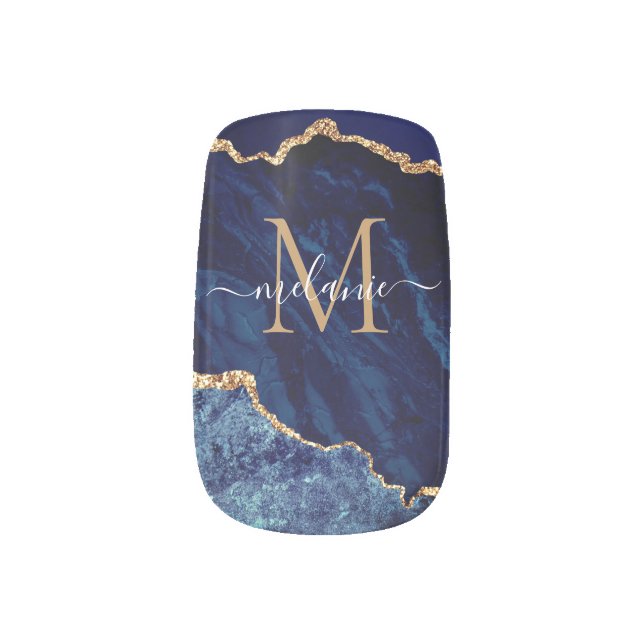 Navy Blue Gold Custom Your Letter Name Nail Art (Left Thumb)