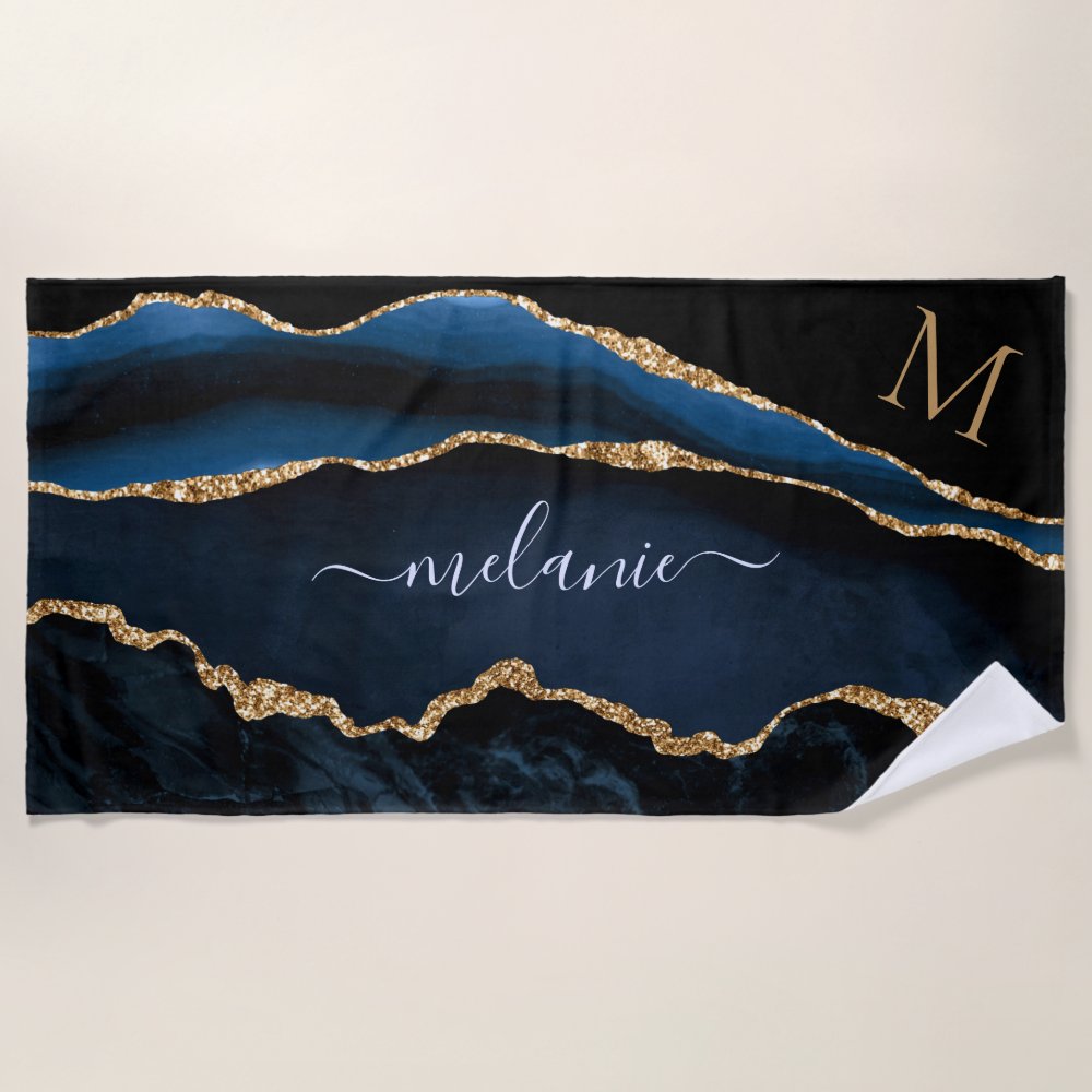 Discover Navy Blue Gold Custom Your Name Letter Personalized Beach Towel