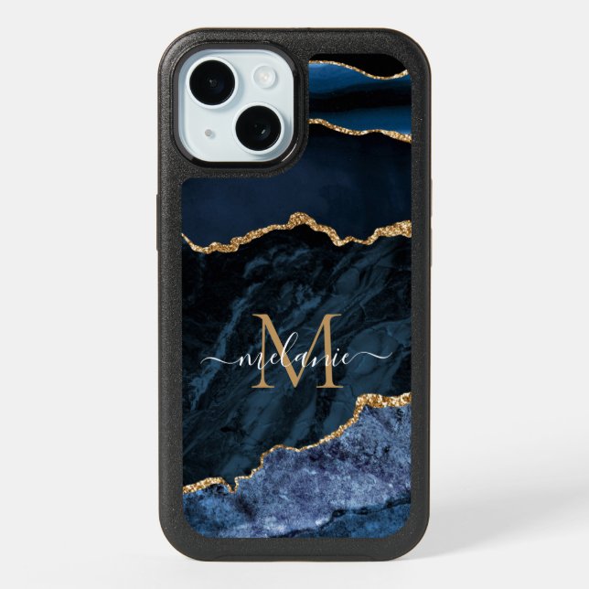 Navy Blue Gold Custom Your Name Letter iPhone Case (Back)