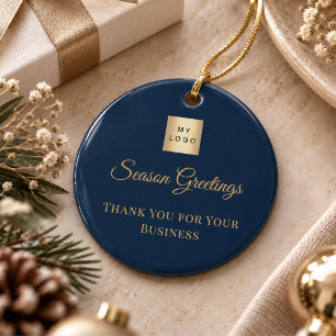 Navy blue gold customer business logo ceramic ornament