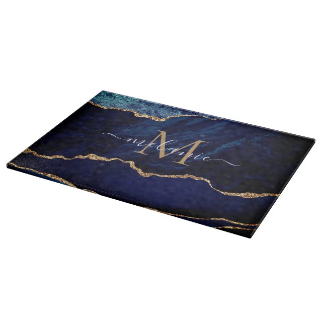 Navy Blue Gold Cutting Board Personalized Name (Corner)