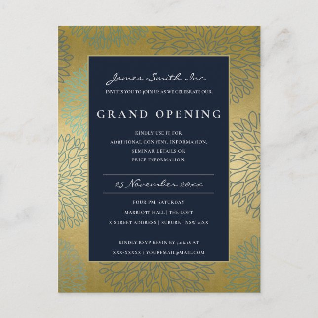 NAVY BLUE GOLD DAHLIA FLORAL GRAND OPENING INVITE (Front)