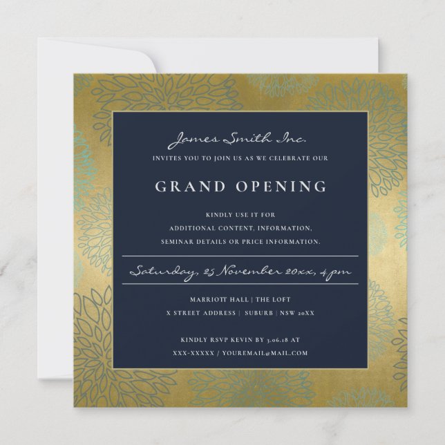 NAVY BLUE GOLD DAHLIA FLORAL GRAND OPENING INVITE (Front)