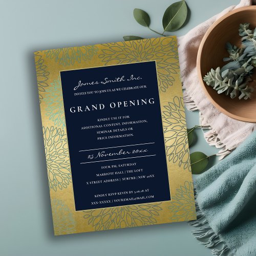 NAVY BLUE GOLD DAHLIA FLORAL GRAND OPENING INVITE