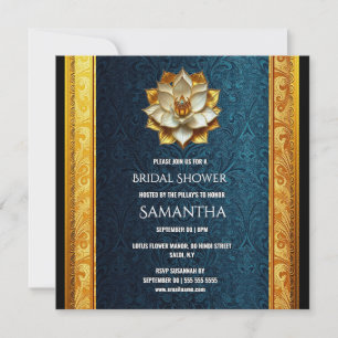 Navy Blue Gold Damask Bridal Shower  Holiday Card