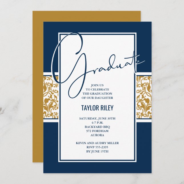 Navy Blue Gold Damask Graduation Invitation (Front/Back)