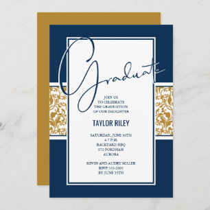 Navy Blue Gold Damask Graduation Invitation