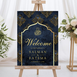 Navy Blue Gold Damask Muslim Wedding Welcome Sign