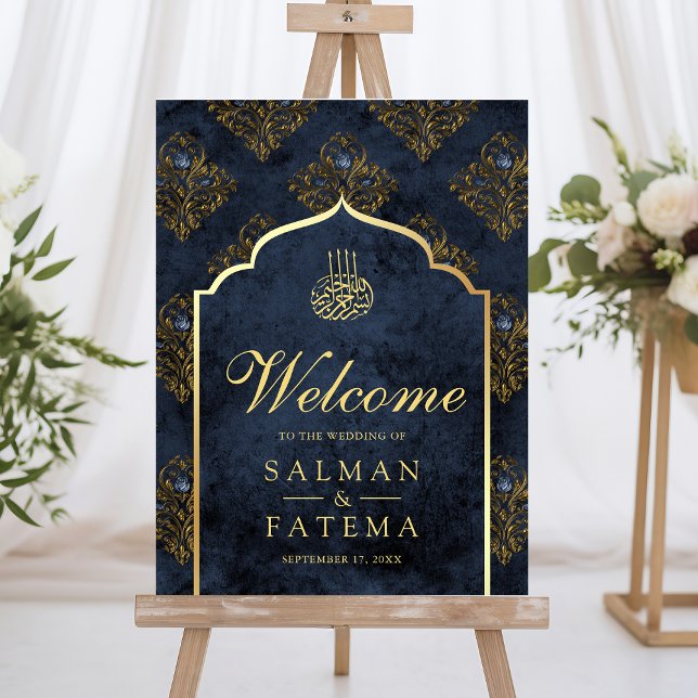 Navy Blue Gold Damask Muslim Wedding Welcome Sign (Creator Uploaded)