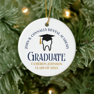 Navy Blue Gold Dental School Graduation Christmas Ceramic Ornament