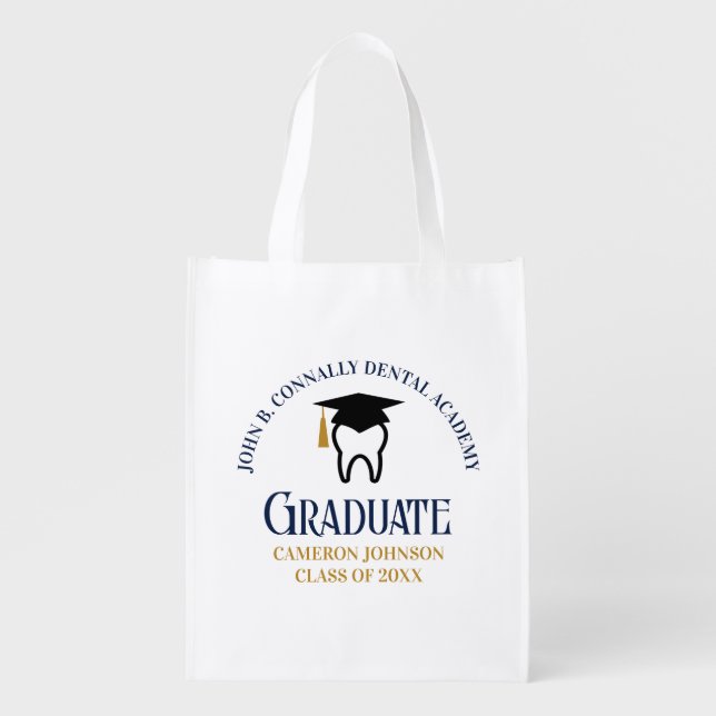 Navy Blue Gold Dental School Graduation Party Grocery Bag (Front)