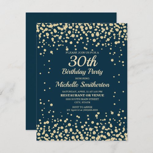 Navy Blue Gold Diamond Glitter Women 30th Birthday Card