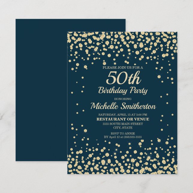Navy Blue Gold Diamond Glitter Women 50th Birthday Card (Front/Back)