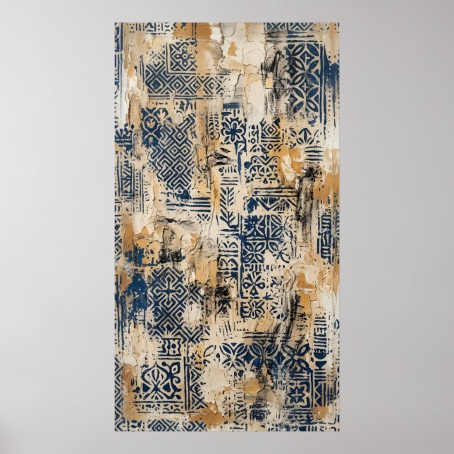 Navy Blue Gold Distressed Moroccan Tile Patchwork  Poster (Front)