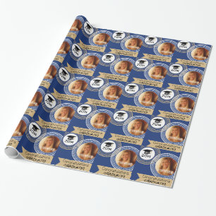 Navy Blue & Gold Dotted Circles Photo Graduation Wrapping Paper