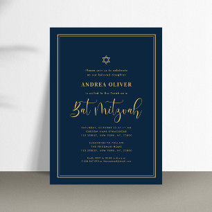 Navy Blue & Gold Double Frame Script Bat Mitzvah Invitation