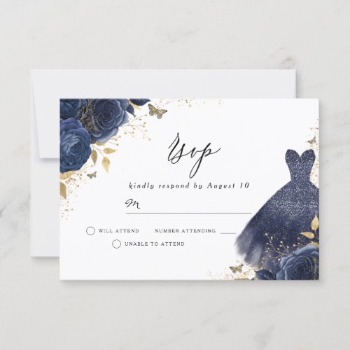 Navy Blue  Gold Dress Rose Birthday Bridal Shower RSVP Card