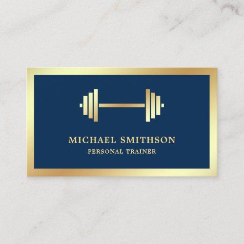 Navy Blue Gold Dumbbell Fitness Personal Trainer Business Card