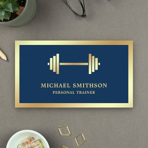 Navy Blue Gold Dumbbell Fitness Personal Trainer Business Card