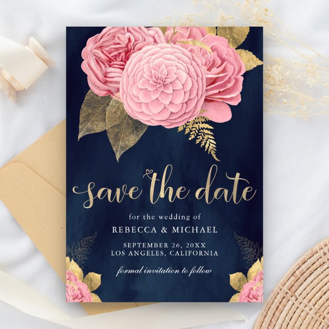 Navy Blue Gold Dusty Pink Floral Wedding Save The Date (Creator Uploaded)
