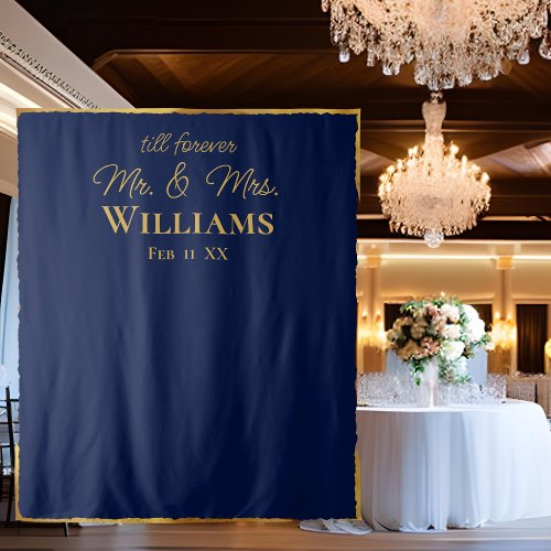 Navy Blue Gold Edge Mr Mrs Wedding Wall Backdrop