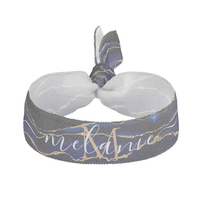 Navy Blue Gold Elastic Hair Tie Custom Name Letter (Front)