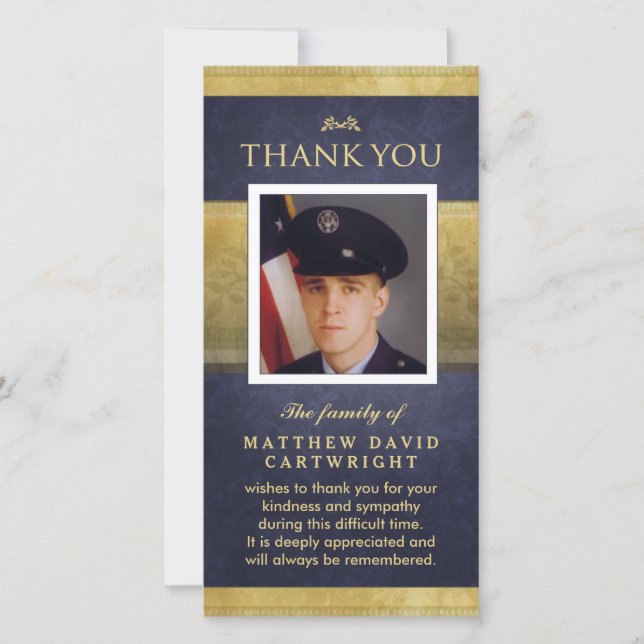 Navy Blue & Gold Elegance Thank You Memorial Card (Front)