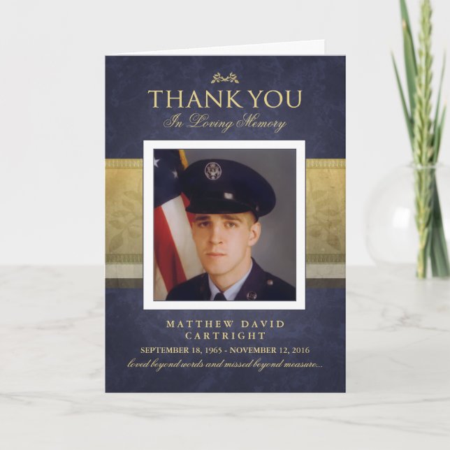 Navy Blue & Gold Elegance Thank You Memorial Card (Front)