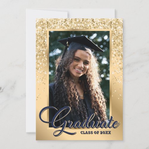 Navy Blue Gold Elegant 2 Photo Graduation Party Invitation