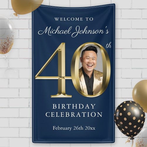 Navy Blue Gold Elegant 40th Birthday Party Welcome Banner